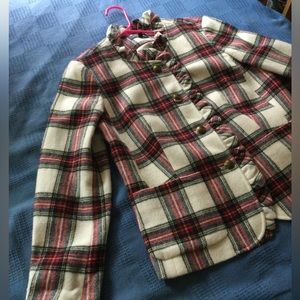 Talbots Plaid Ruffle Trim Wool Blazer Coat Jacket